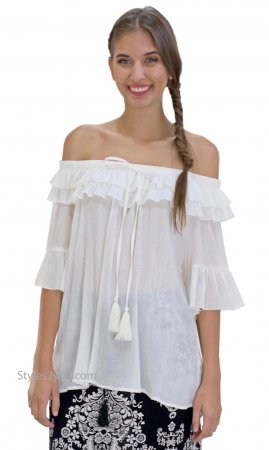 Reedley Textured Bell Sleeve Off Shoulder Loose Fit Blouse White