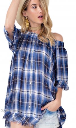 Story Relaxed Light Weight Plaid Top Distressed Hems Tunic Blue [ET7082 ...