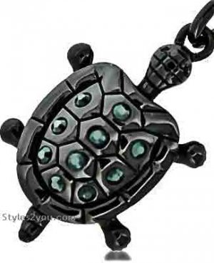 Turtle Keychain In Gun Metal With Emerald Swarovski Crystals