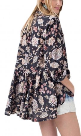 Roseanne Cotton Floral Print Button Up Blouse Charcoal Easel Top