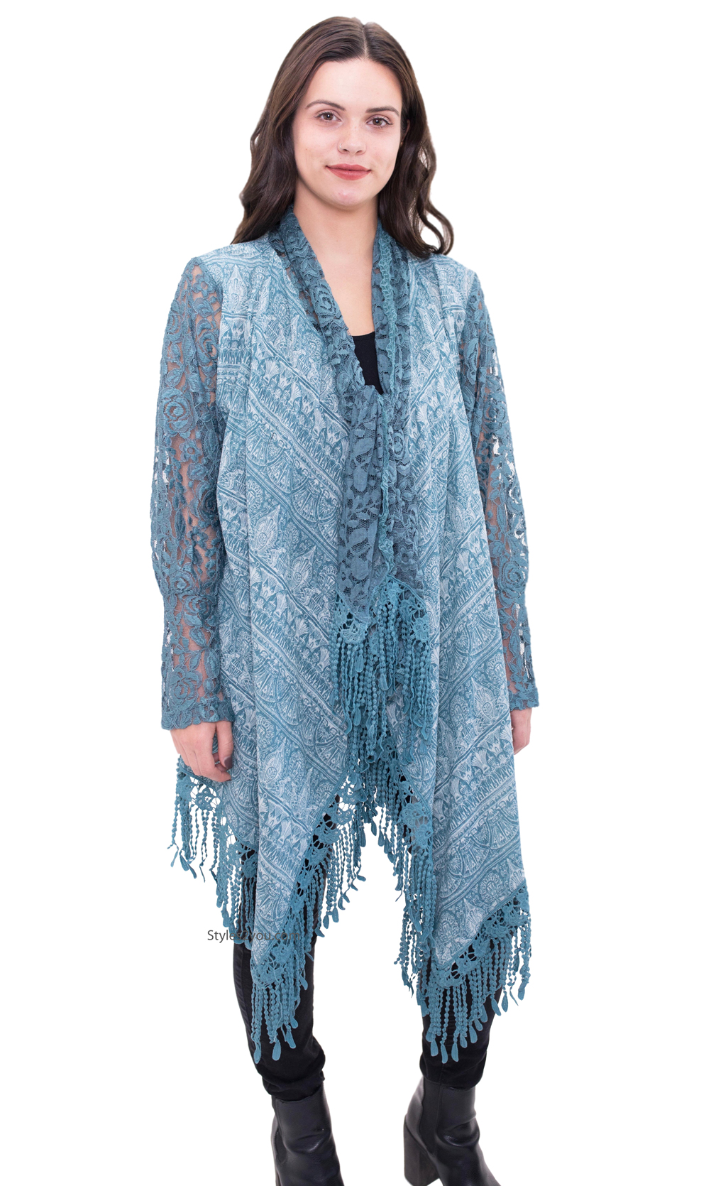 Lydia Ladies Long Lace Sleeve Crochet Open Cardigan In Blue ...