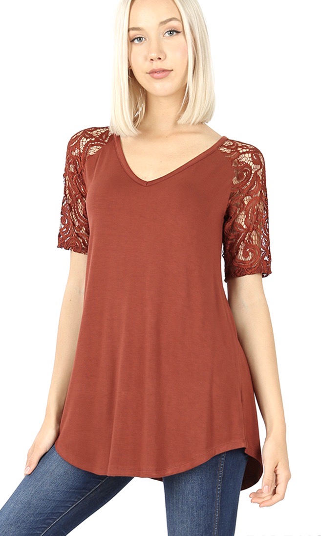 Nisi Short Lace Sleeve V-Neck Shirt In Dark Rust [AT5554AB DK RUST ...