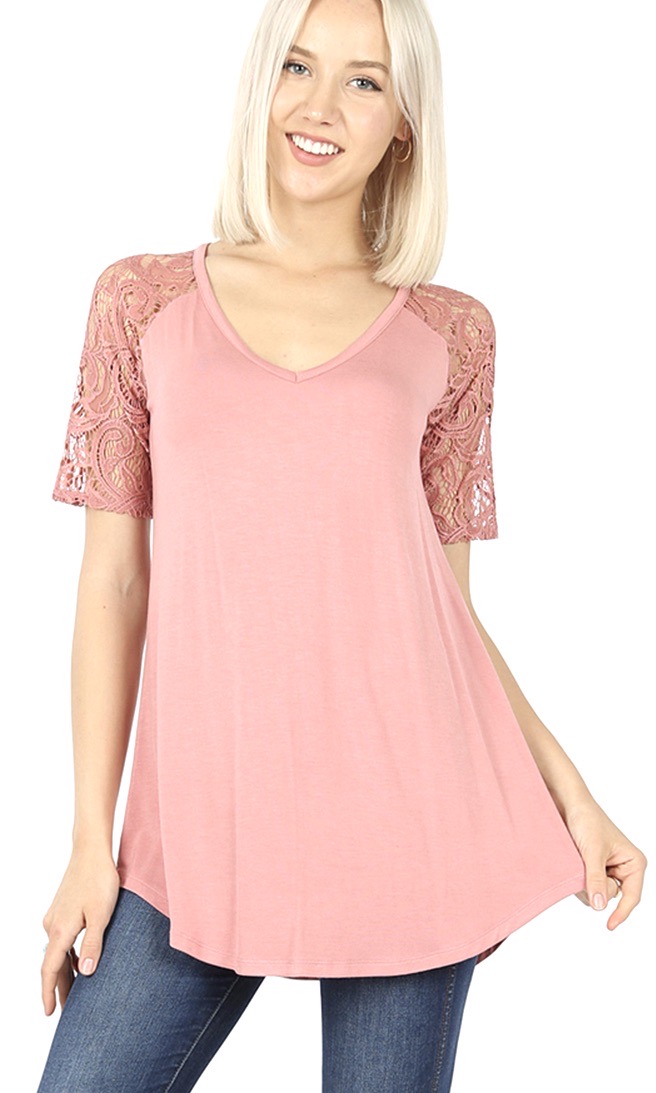 Nisi Short Lace Sleeve V-Neck Shirt In Dusty Rose [AT5554S DUSTY ROSE ...