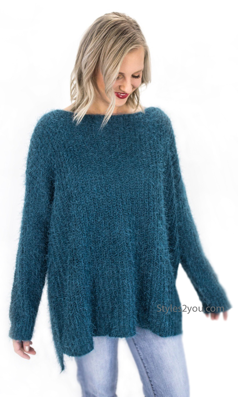 Champaign Ladies Oversized Loose Fitting Sweater Tunic In Teal [ET7963 ...