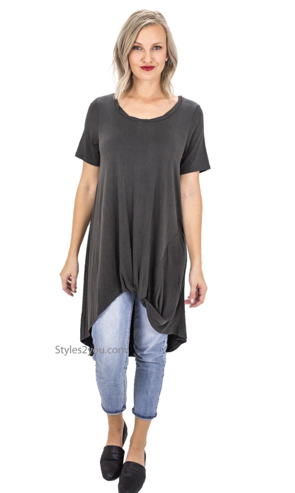 Lubbock Bohemian Twisted Front Short Sleeve Tunic In Ash Gray [ET8638 ...