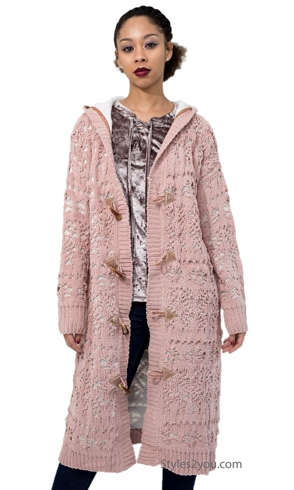 Revel Long Chenille Hooded Cardigan Sweater In Rose Pink [JST370A Pink ...