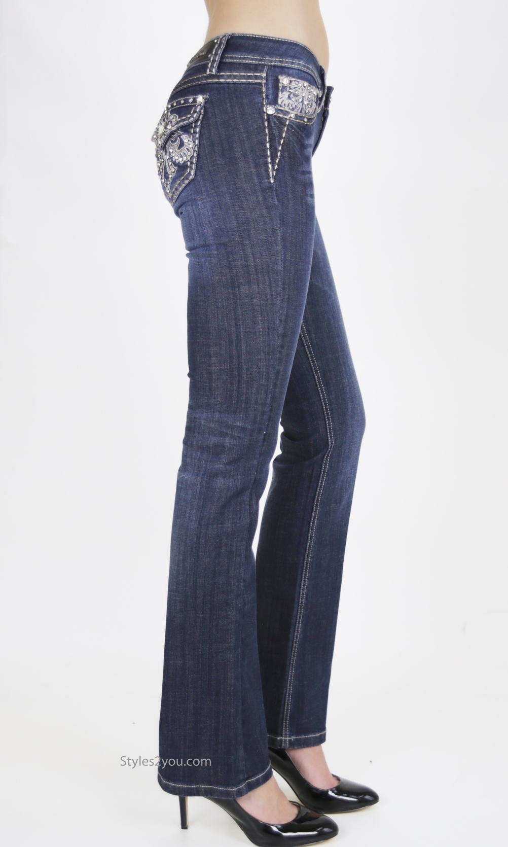 LA Idol Women's Rhinestone Mid Rise Bootcut Stretchy Denim Jeans Pants ( La  Idol Bootcut Blue 3526bt ) 