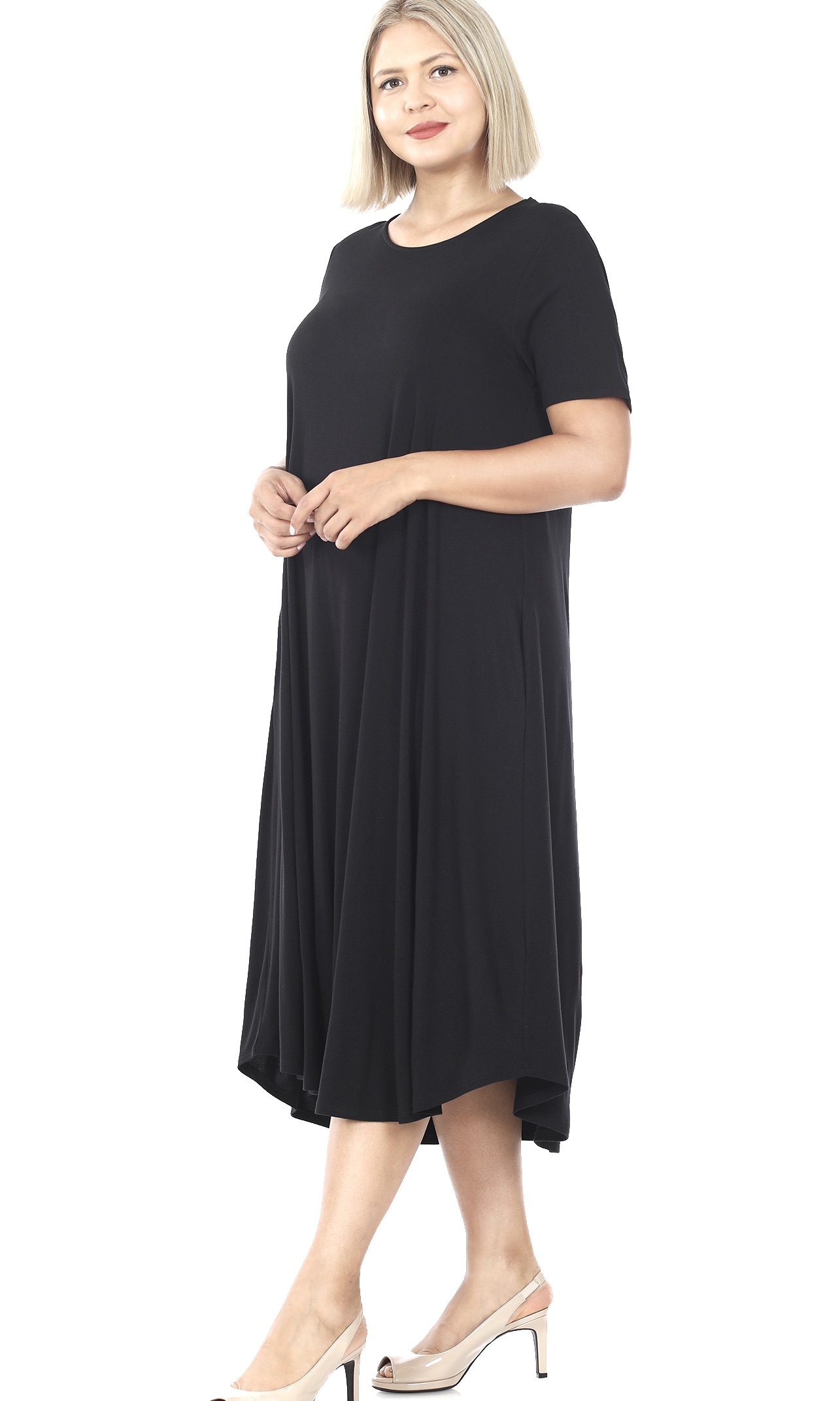 Abree PLUS SIZE Short Sleeve Basic Black Dress With Pockets [VD7005XBA ...