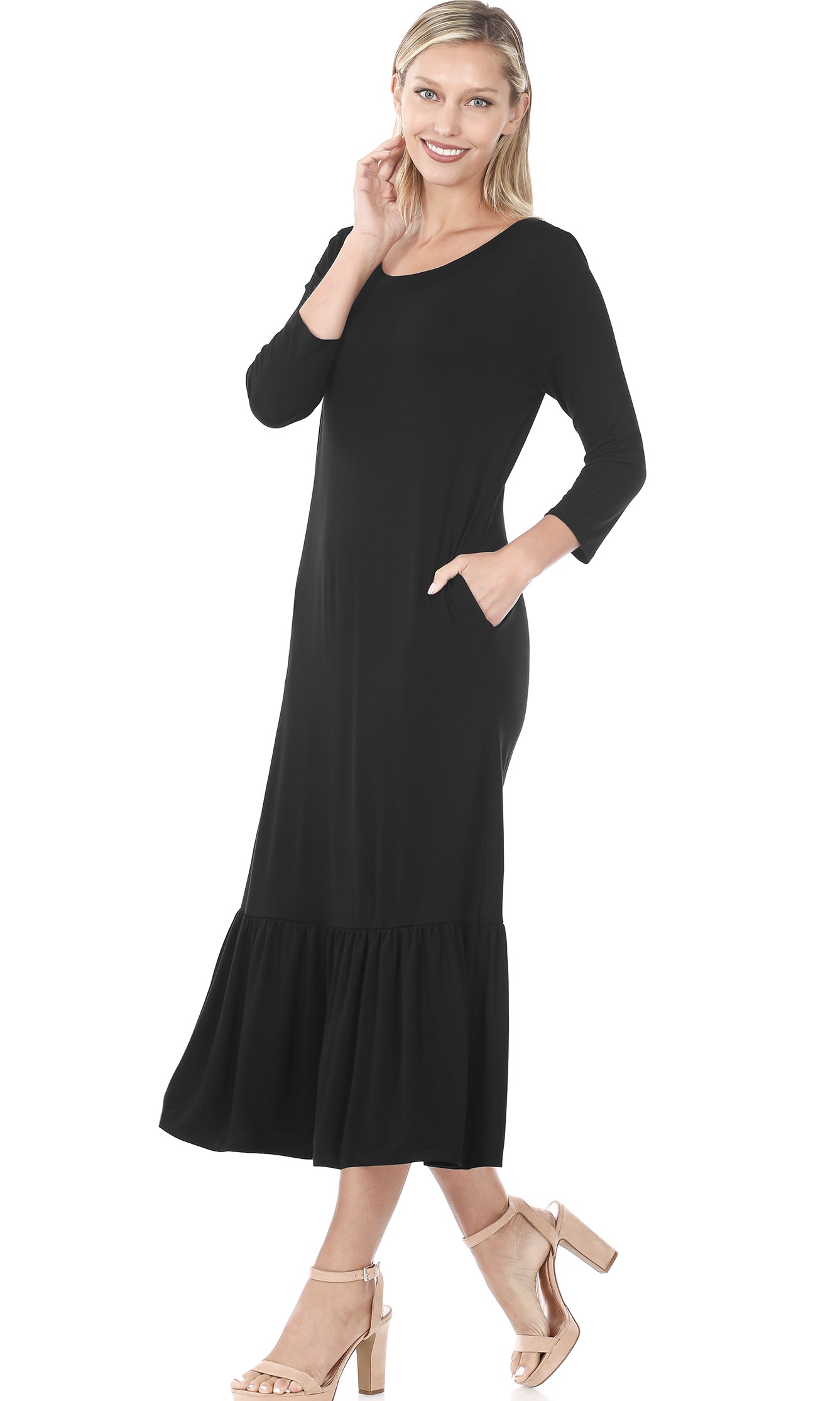 Zenana 3/4 Sleeve Ruffle Hem Maxi Dress With Pockets Black [VD7075 ...