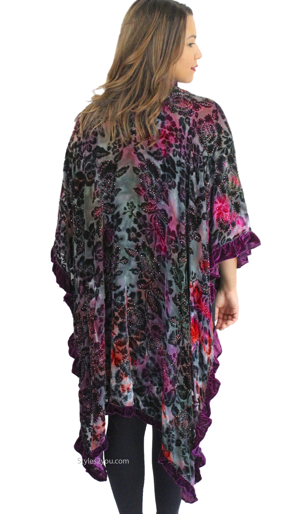Antheia Floral Burnout Hand Beaded Cape With Ruffles [With Love ...