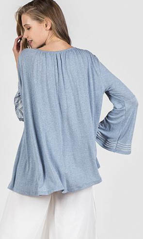 Miriam Loose & Flowy Embroidered Long Bell Sleeve Top In Blue 