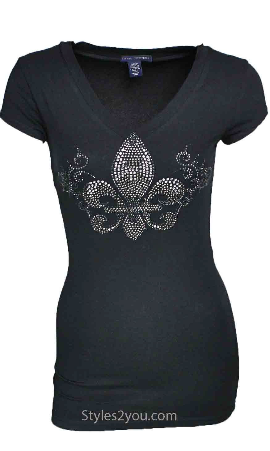 Zenana Outfitters Clothing Rhinestone Fleur De Lis Top In Black [Black ...